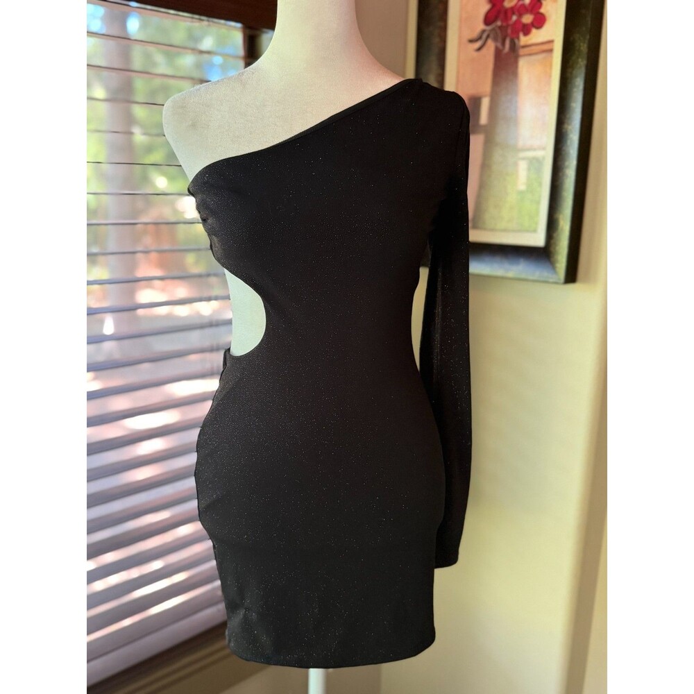 Lucy in the Sky EUC Sparkly Black One Shoulder Cutout Shimmer Mini Dress Size Sm